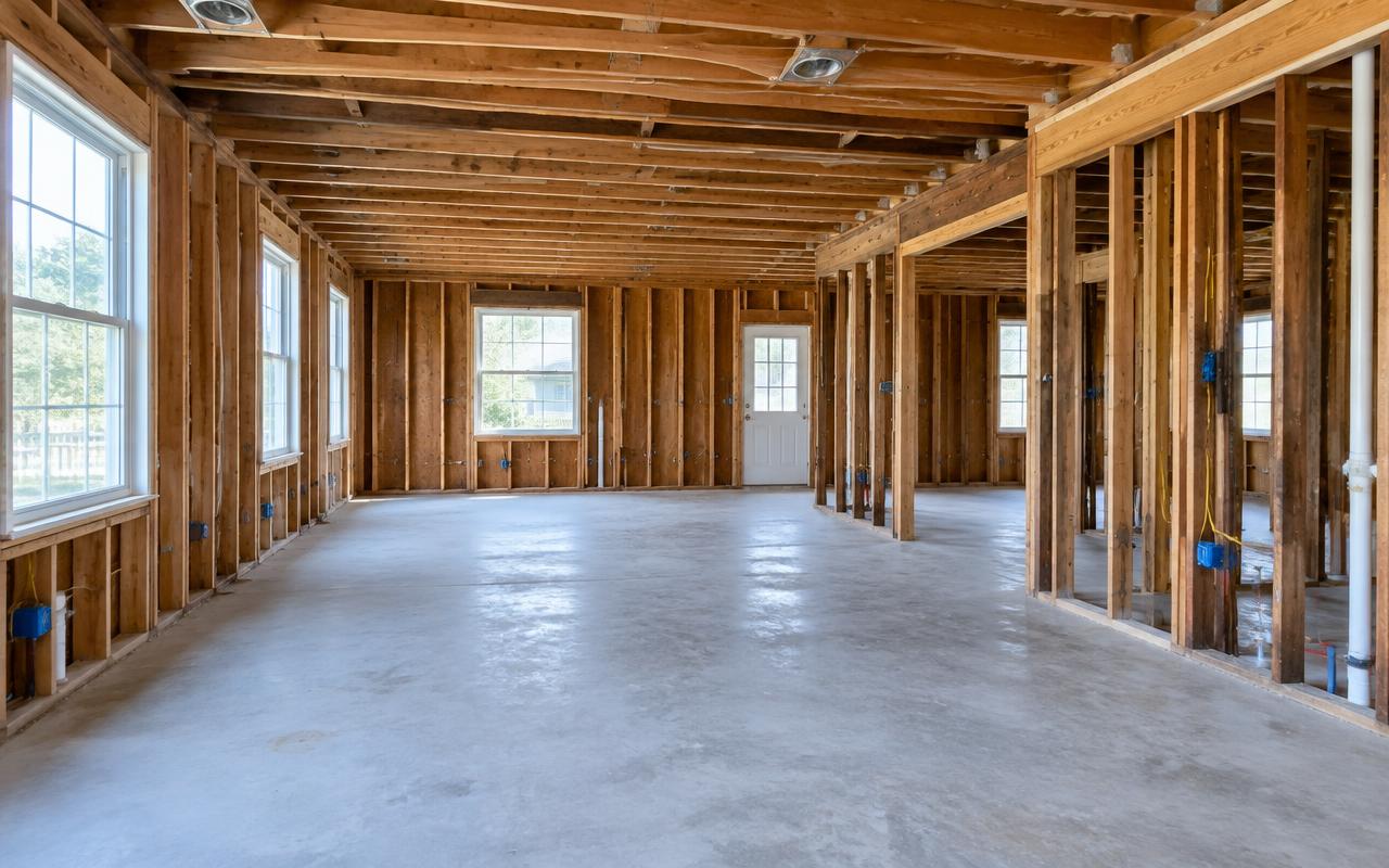 Interior demolition Highland Beach FL — Gutted Highland Beach, FL interior swept broom-clean and ready for the rebuild crew