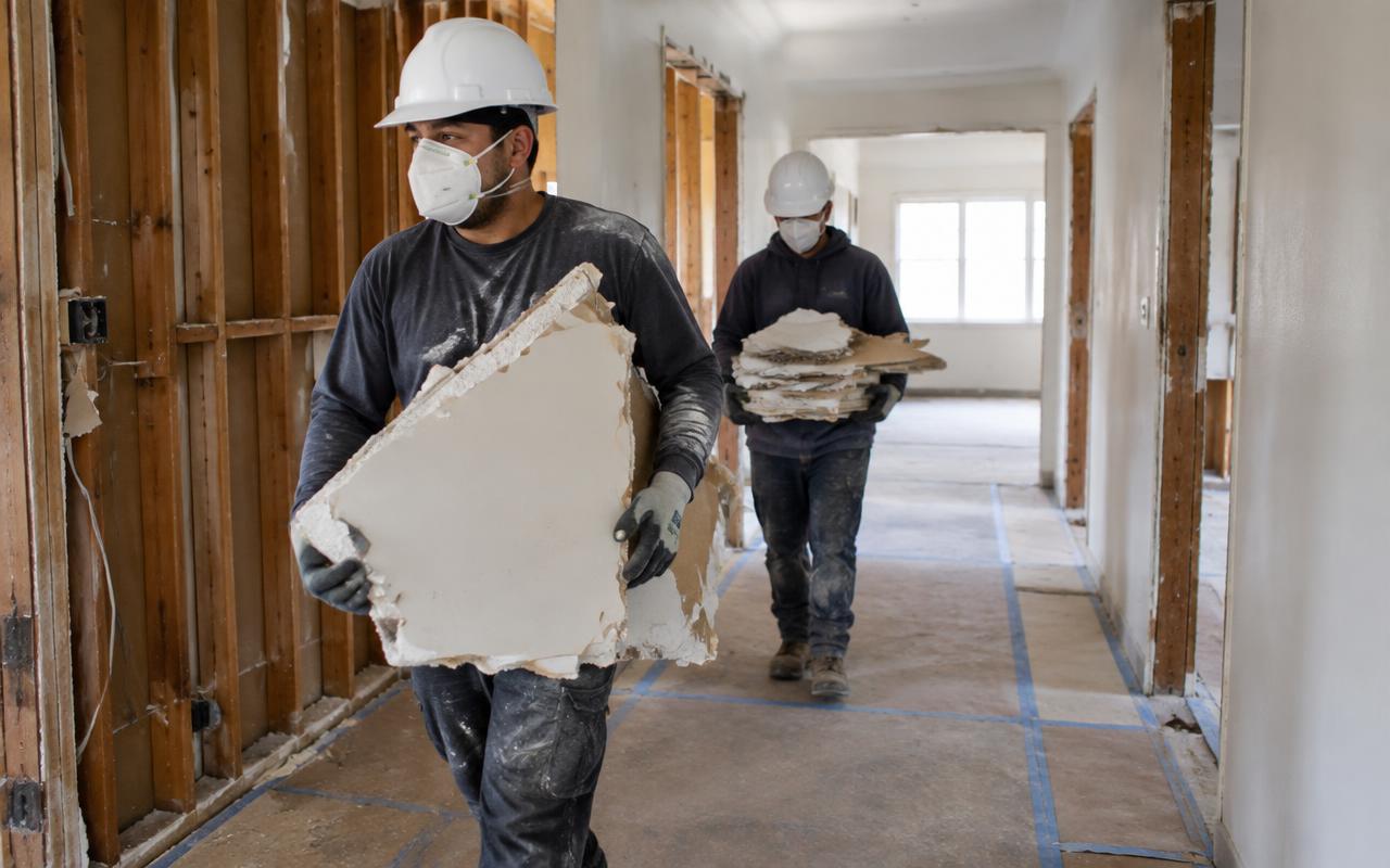 Interior demolition Atlantis FL — Junk Force crew in protective gear carrying demolition debris out of a Atlantis, FL home