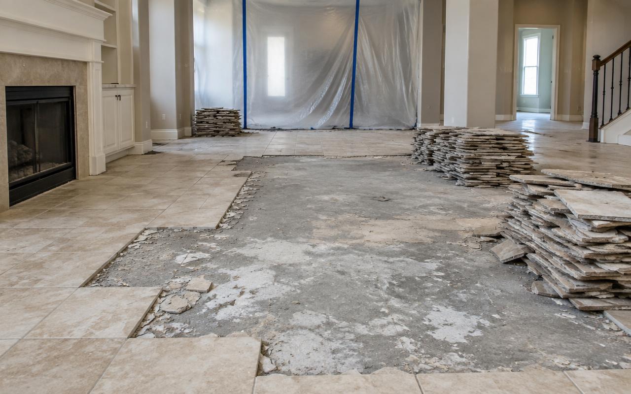 Interior demolition Atlantis FL — Tile flooring removed down to the slab during a Atlantis, FL interior demolition