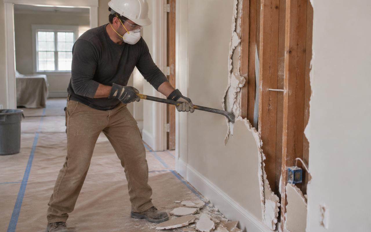 Interior demolition Highland Beach FL — Junk Force crew member in protective gear removing drywall in Highland Beach, FL